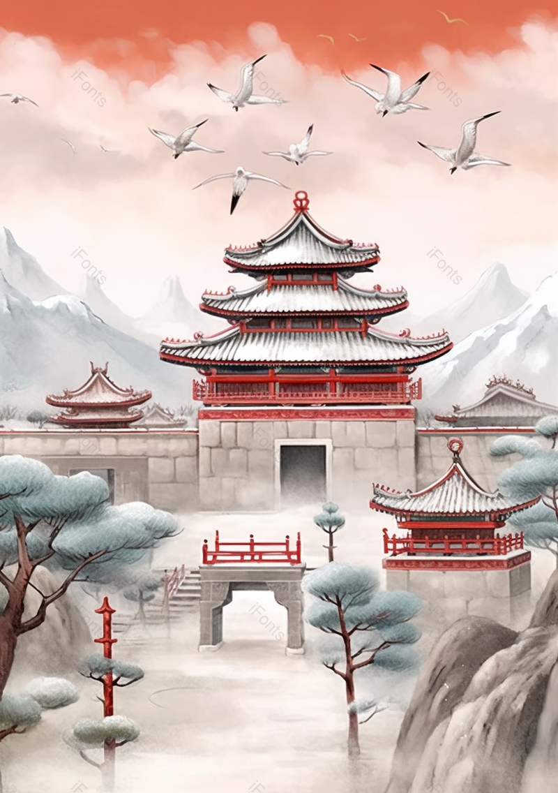 冬天大寒寒冷下雪天城楼古代建筑飞鸟红色古典传统风景水墨插画,插画/手绘图,插画/手绘图库,插画/手绘图下载,插画/手绘